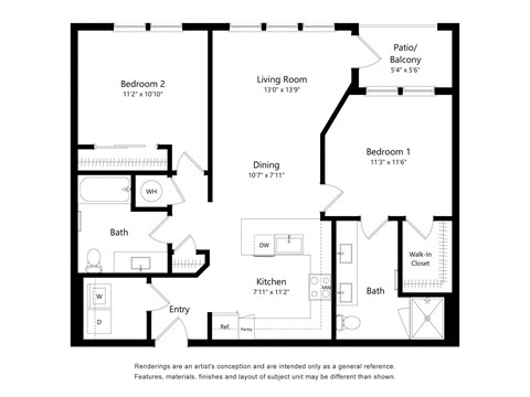 Two Bedroom Floor Plan with 1,028 Sq. Ft.  at The Foundry Luxury Apartments in Tampa FL